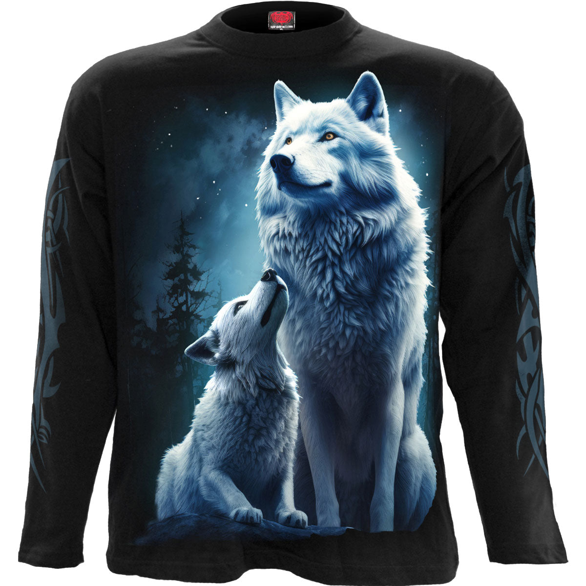 Spiral Unisex Long Sleeve T-Shirt: Wolf Guardian (Black) (Back & Sleeve Print)
