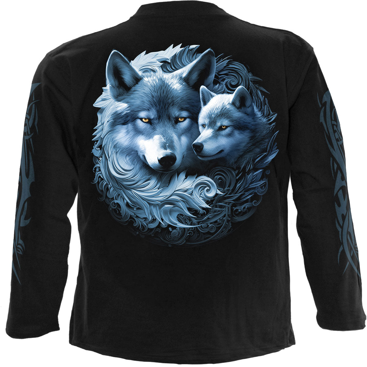 Spiral Unisex Long Sleeve T-Shirt: Wolf Guardian (Black) (Back & Sleeve Print)