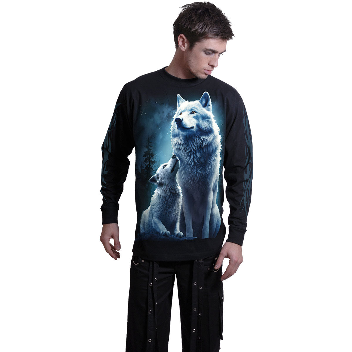 Spiral Unisex Long Sleeve T-Shirt: Wolf Guardian (Black) (Back & Sleeve Print)