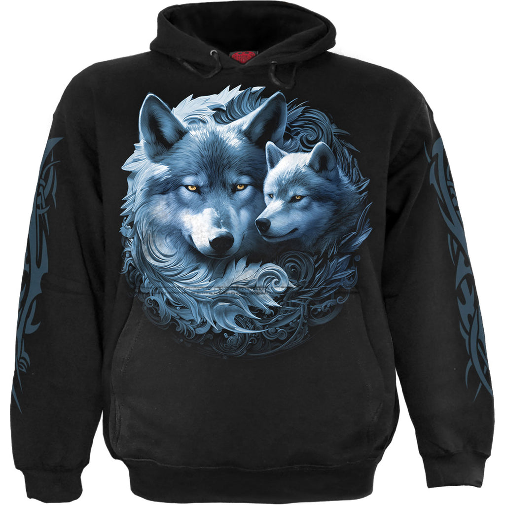 Spiral Unisex Pullover Hoodie: Wolf Guardian (Black) (Back & Sleeve Print)