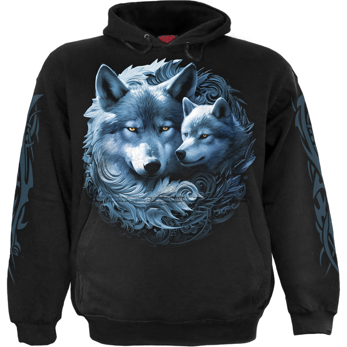 Spiral Unisex Pullover Hoodie: Wolf Guardian (Black) (Back & Sleeve Print)