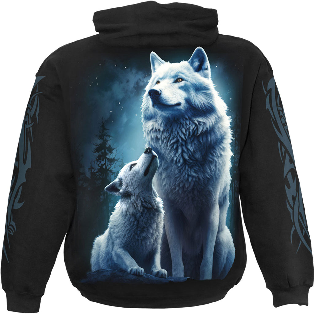 Spiral Unisex Pullover Hoodie: Wolf Guardian (Black) (Back & Sleeve Print)