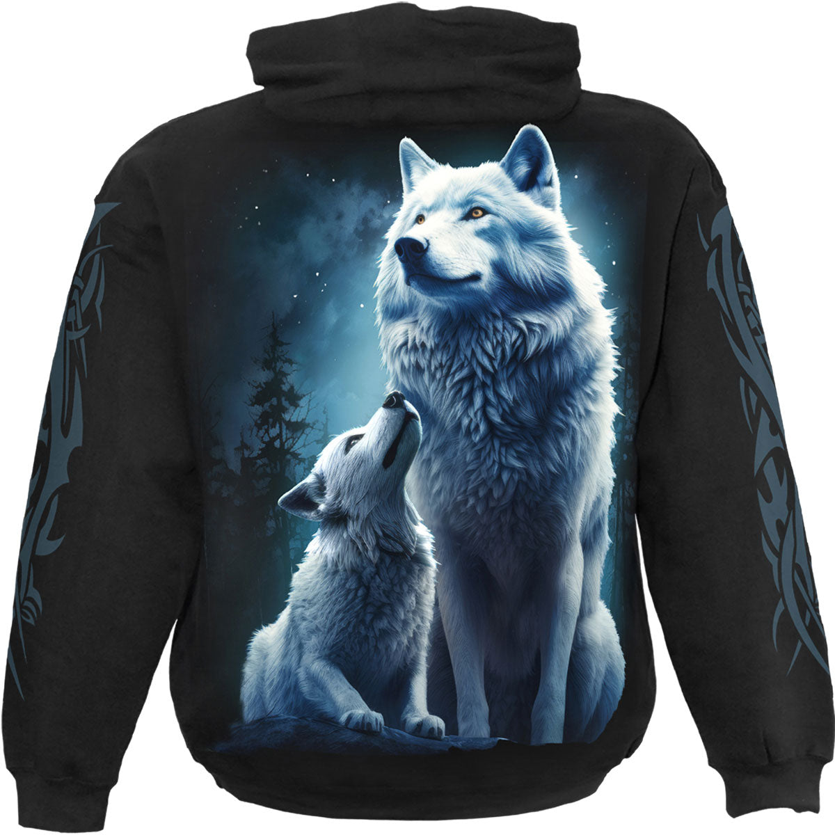 Spiral Unisex Pullover Hoodie: Wolf Guardian (Black) (Back & Sleeve Print)