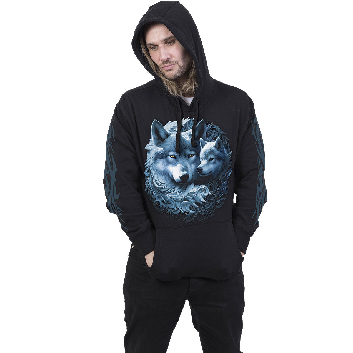 Spiral Unisex Pullover Hoodie: Wolf Guardian (Black) (Back & Sleeve Print)