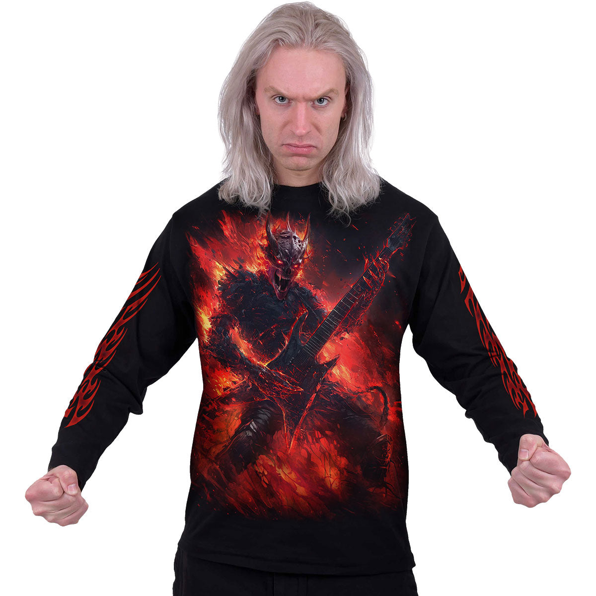 Spiral Unisex Long Sleeve T-Shirt: Riff Burner (Black) (Back & Sleeve Print)