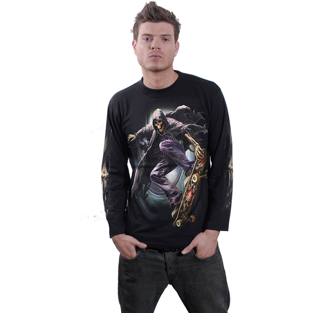 Spiral Unisex Long Sleeve T-Shirt: Soul Boarder (Black) (Back & Sleeve Print)
