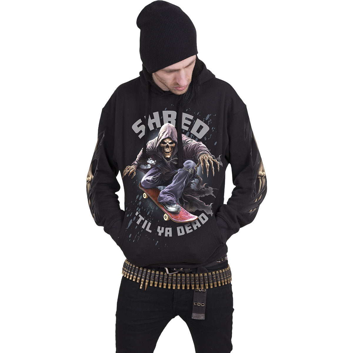 Spiral Unisex Pullover Hoodie: Soul Boarder (Black) (Back & Sleeve Print)