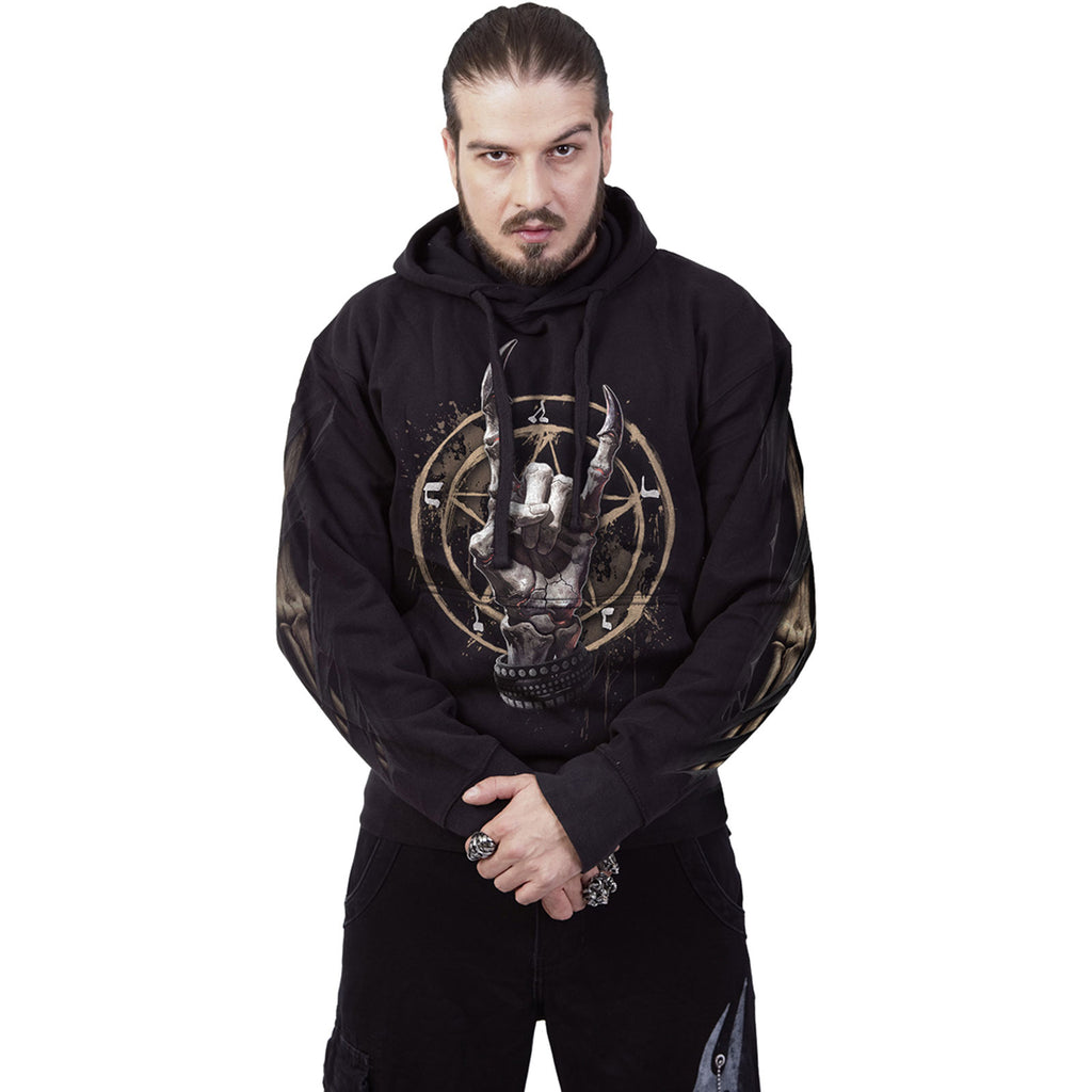 Spiral Unisex Pullover Hoodie: Pure Metal (Black) (Back & Sleeve Print)