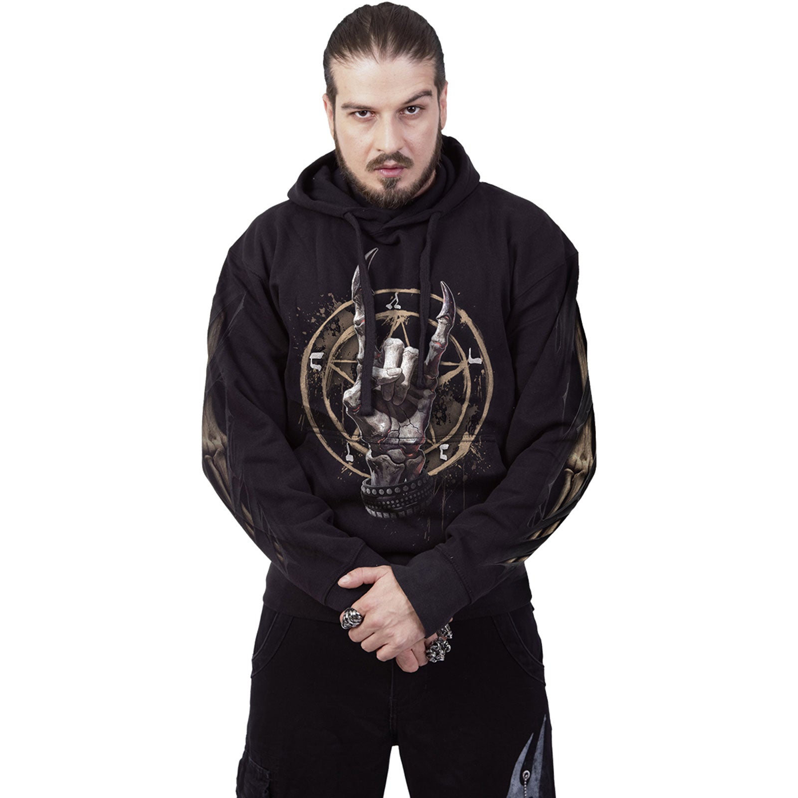 Spiral Unisex Pullover Hoodie: Pure Metal (Black) (Back & Sleeve Print)