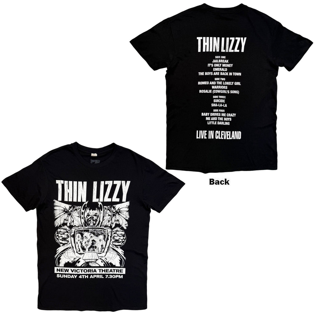 Thin Lizzy Unisex T-Shirt: Jailbreak Flyer Cleveland '76 (Black) (Back Print)