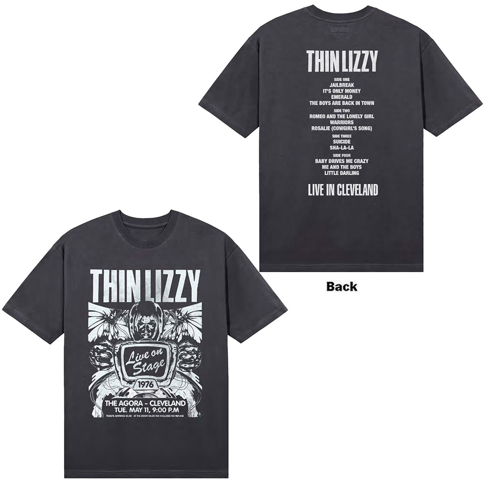 Thin Lizzy Unisex T-Shirt: Cleveland '76 Ticket (Black) (Back Print)