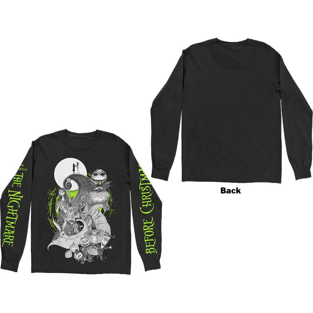 The Nightmare Before Christmas Unisex Long Sleeve T-Shirt: Characters Green Glow (Black) (Sleeve Print)