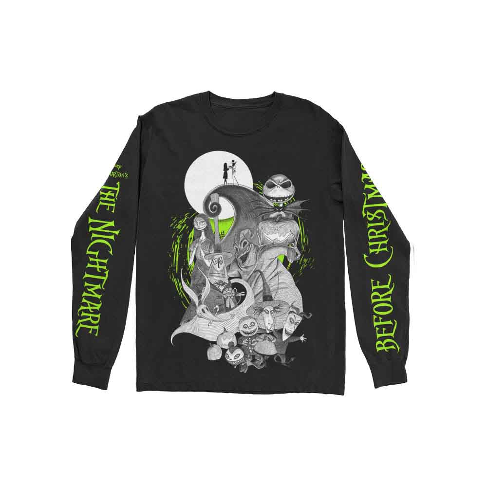 The Nightmare Before Christmas Unisex Long Sleeve T-Shirt: Characters Green Glow (Black) (Sleeve Print)