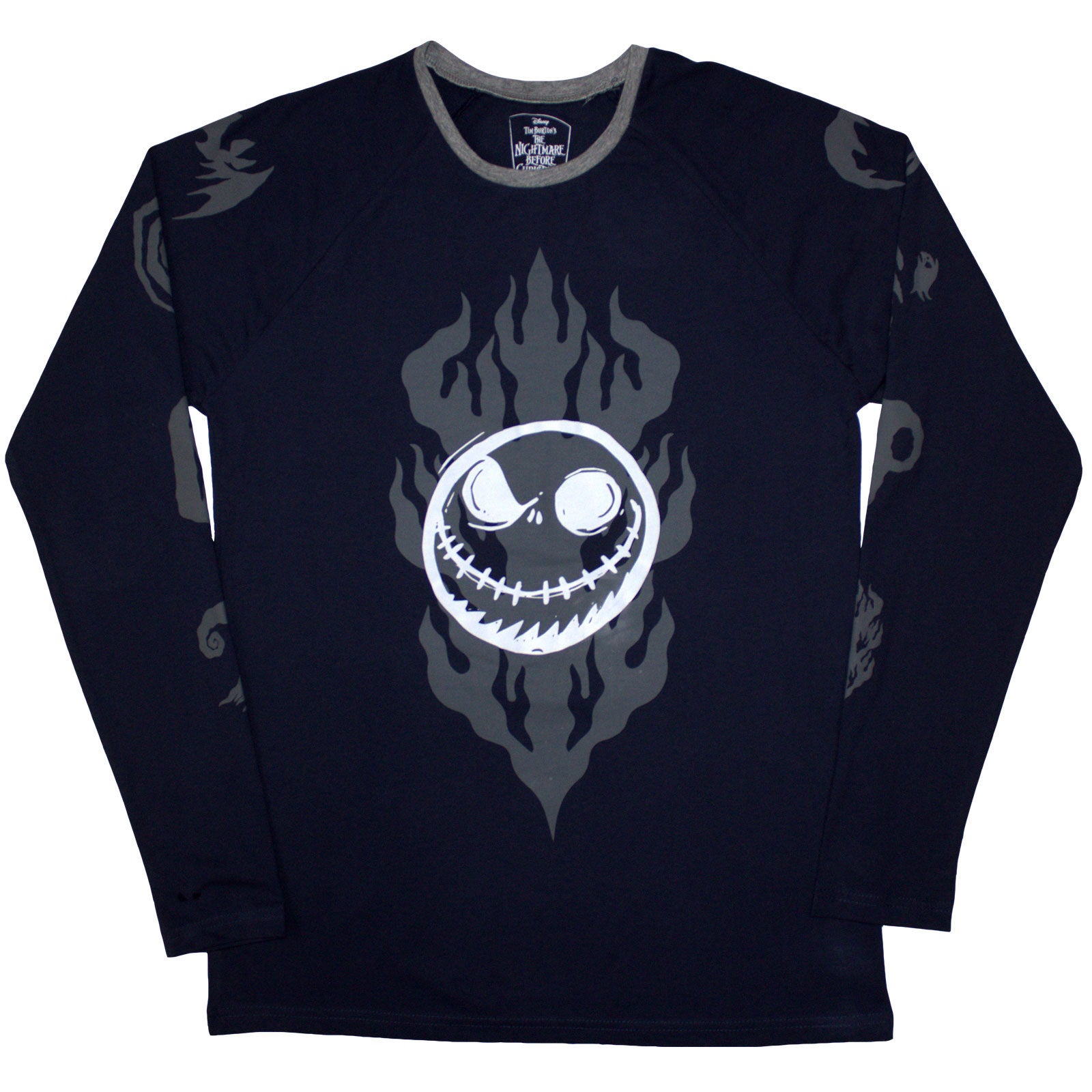 The Nightmare Before Christmas Unisex Long Sleeve T-Shirt: Flaming Jack (Navy Blue) (Embellished)