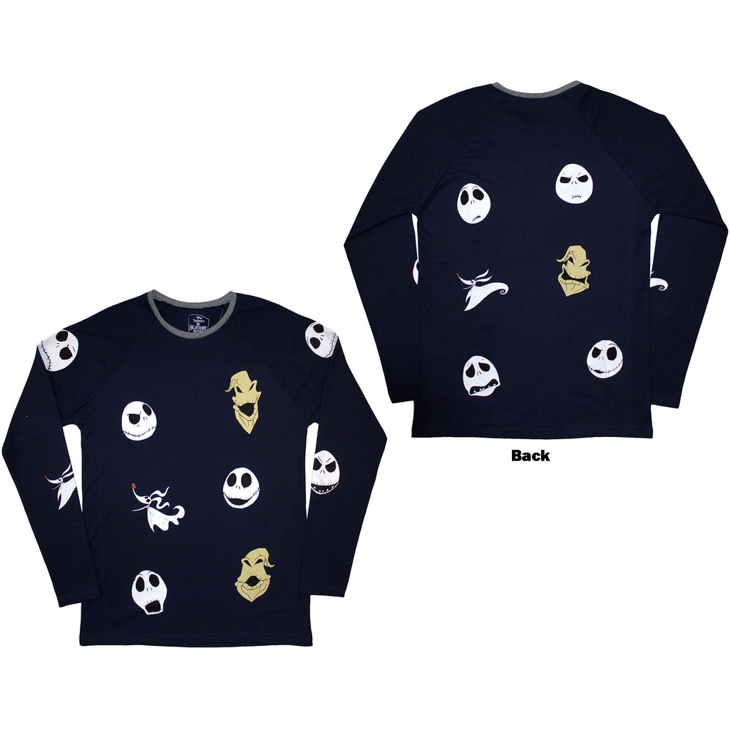 The Nightmare Before Christmas Unisex Long Sleeve T-Shirt: Character Heads (Navy Blue) (Back Print & Embellished)