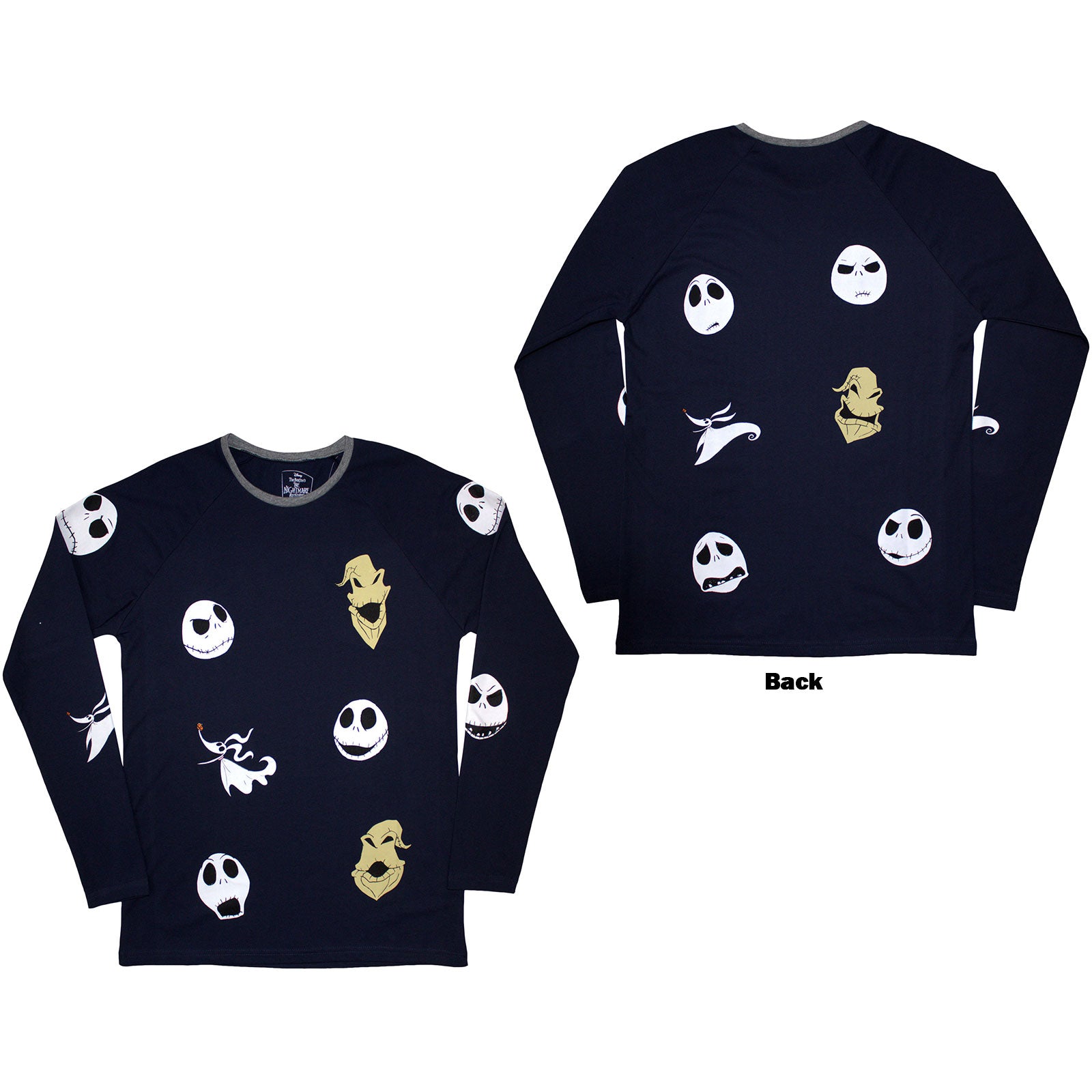 The Nightmare Before Christmas Unisex Long Sleeve T-Shirt: Character Heads (Navy Blue) (Back Print & Embellished)