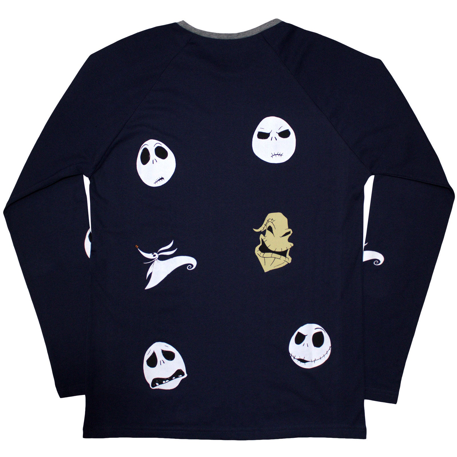 The Nightmare Before Christmas Unisex Long Sleeve T-Shirt: Character Heads (Navy Blue) (Back Print & Embellished)
