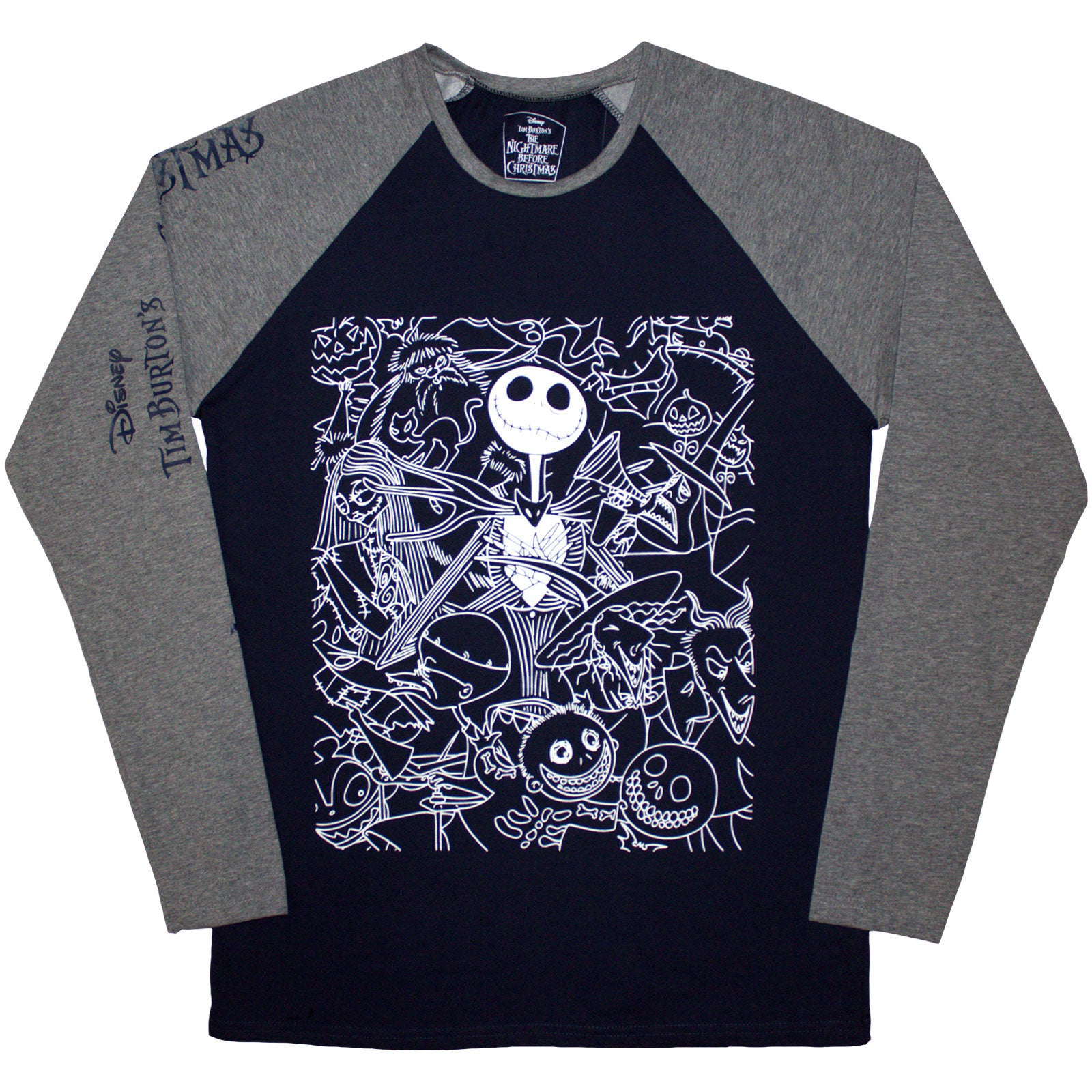 The Nightmare Before Christmas Unisex Raglan T-Shirt: Jack Crowd (Navy Blue & Grey) (Embellished)