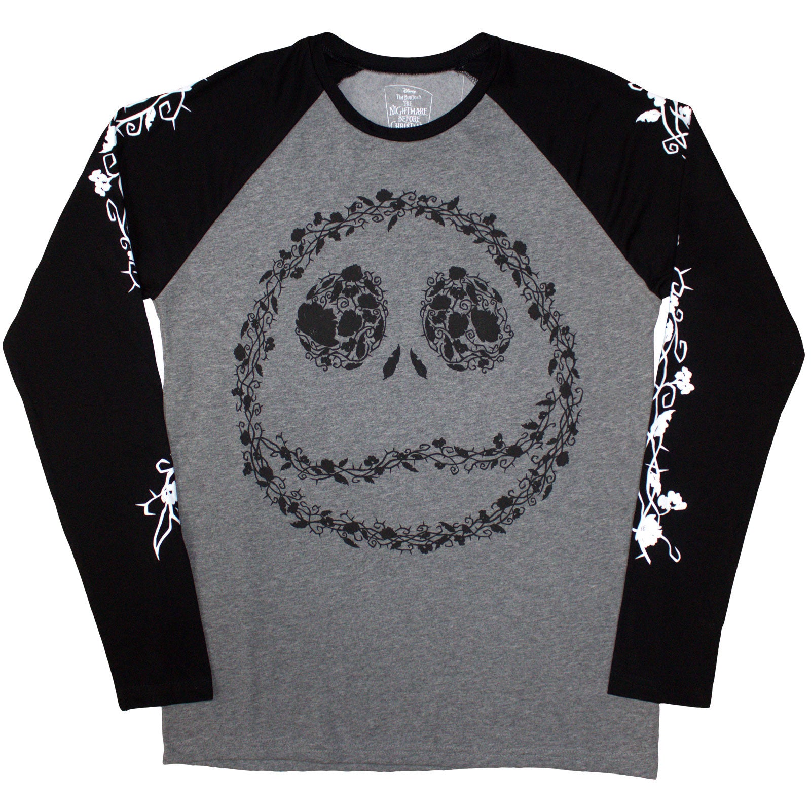 The Nightmare Before Christmas Unisex Raglan T-Shirt: Floral Jack (Black & Grey) (Embellished)