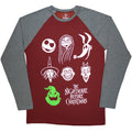 The Nightmare Before Christmas Unisex Raglan T-Shirt: Stacked Faces (Maroon Red & Grey) (Embellished)
