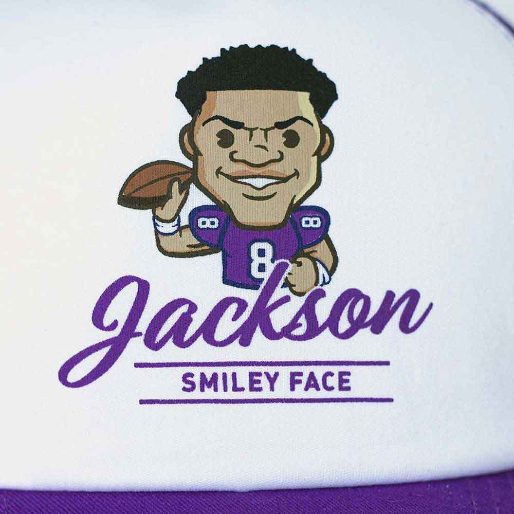 Tokyo Time Unisex Mesh Back Cap: NFLPA Lamar Jackson Emoji (White & Purple)