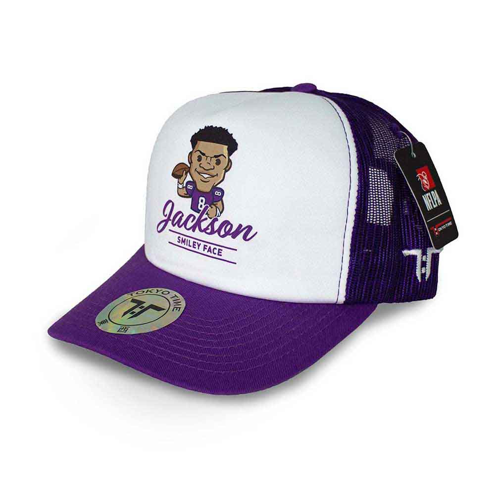 Tokyo Time Unisex Mesh Back Cap: NFLPA Lamar Jackson Emoji (White & Purple)