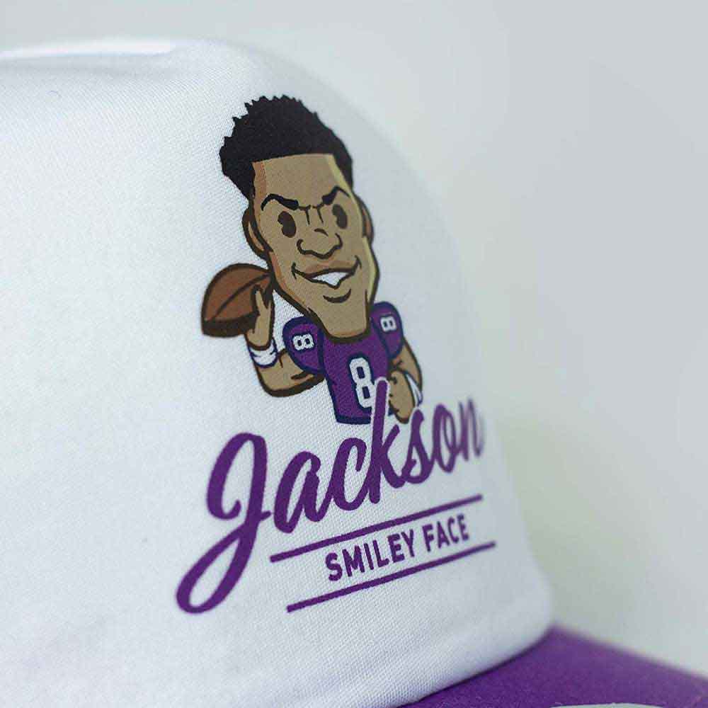 Tokyo Time Unisex Mesh Back Cap: NFLPA Lamar Jackson Emoji (White & Purple)
