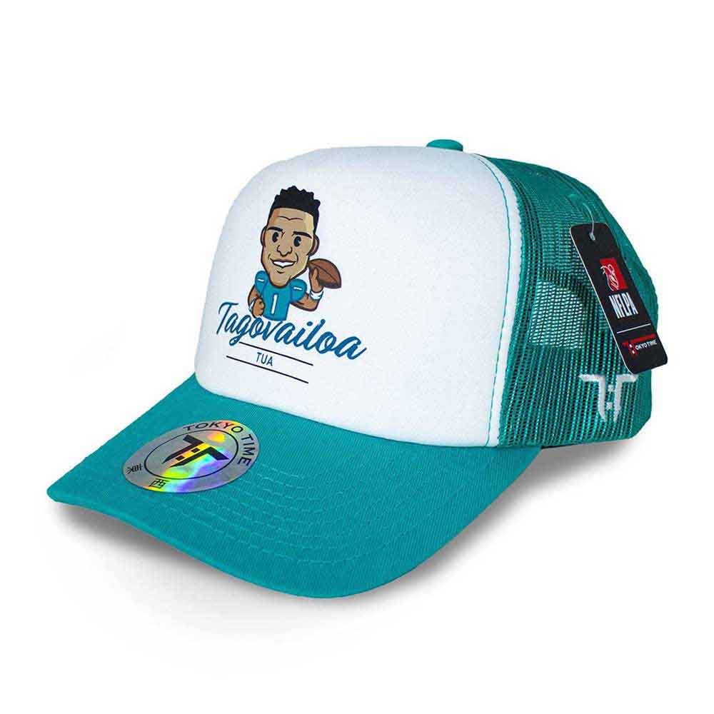 Tokyo Time Unisex Mesh Back Cap: NFLPA Tua Tagovalioa Emoji (White & Turquoise)