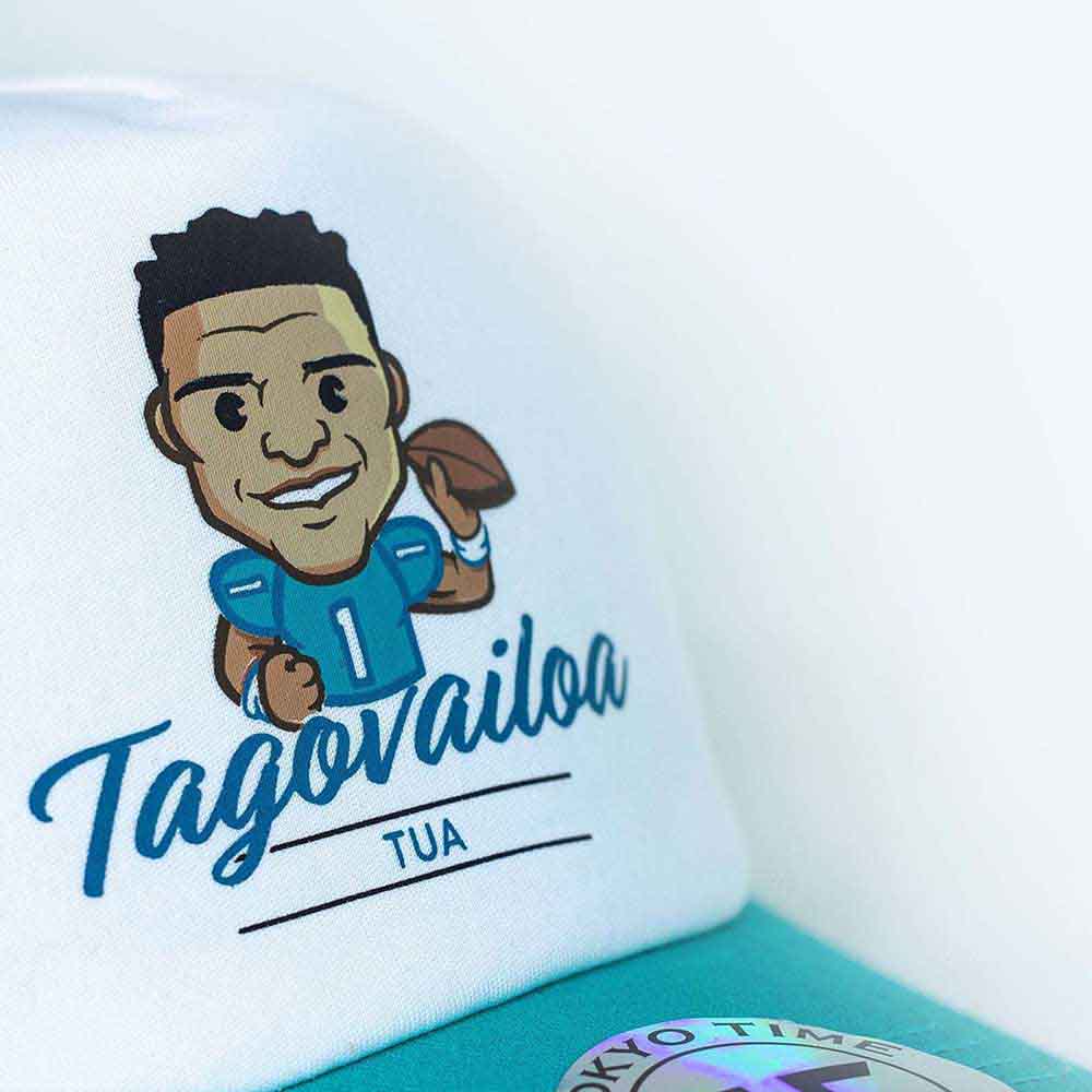 Tokyo Time Unisex Mesh Back Cap: NFLPA Tua Tagovalioa Emoji (White & Turquoise)
