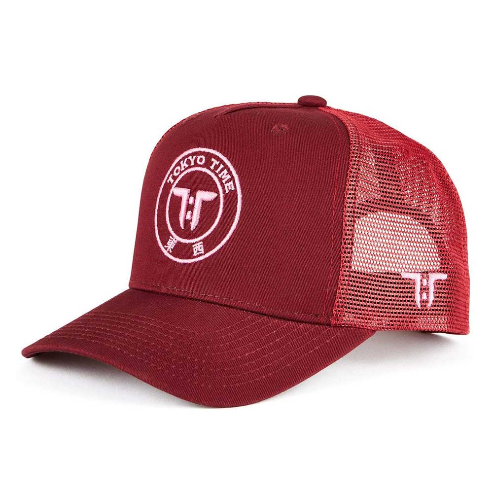 Tokyo Time Unisex Mesh Back Cap: TT Core Pink Logo (Maroon Red)