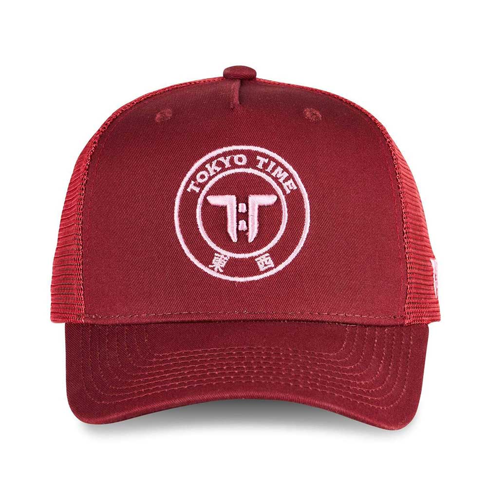 Tokyo Time Unisex Mesh Back Cap: TT Core Pink Logo (Maroon Red)