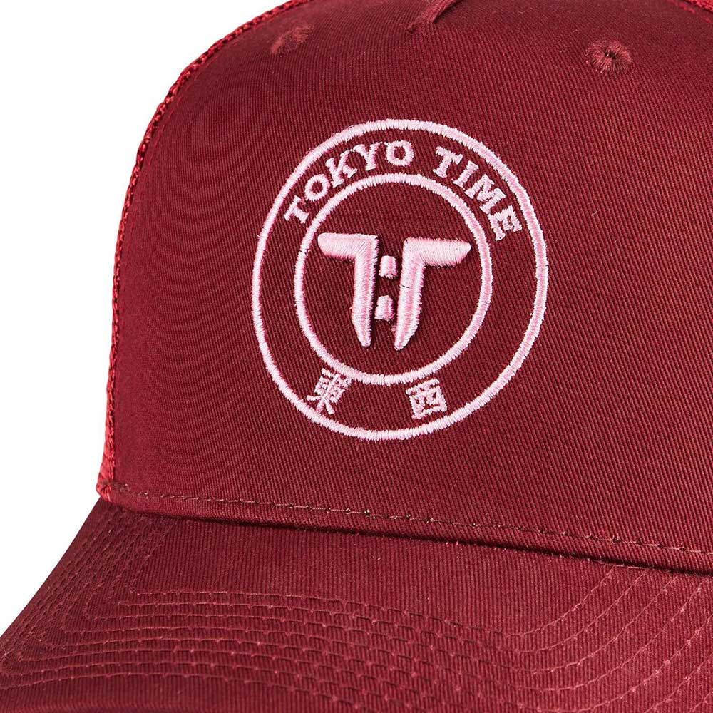 Tokyo Time Unisex Mesh Back Cap: TT Core Pink Logo (Maroon Red)