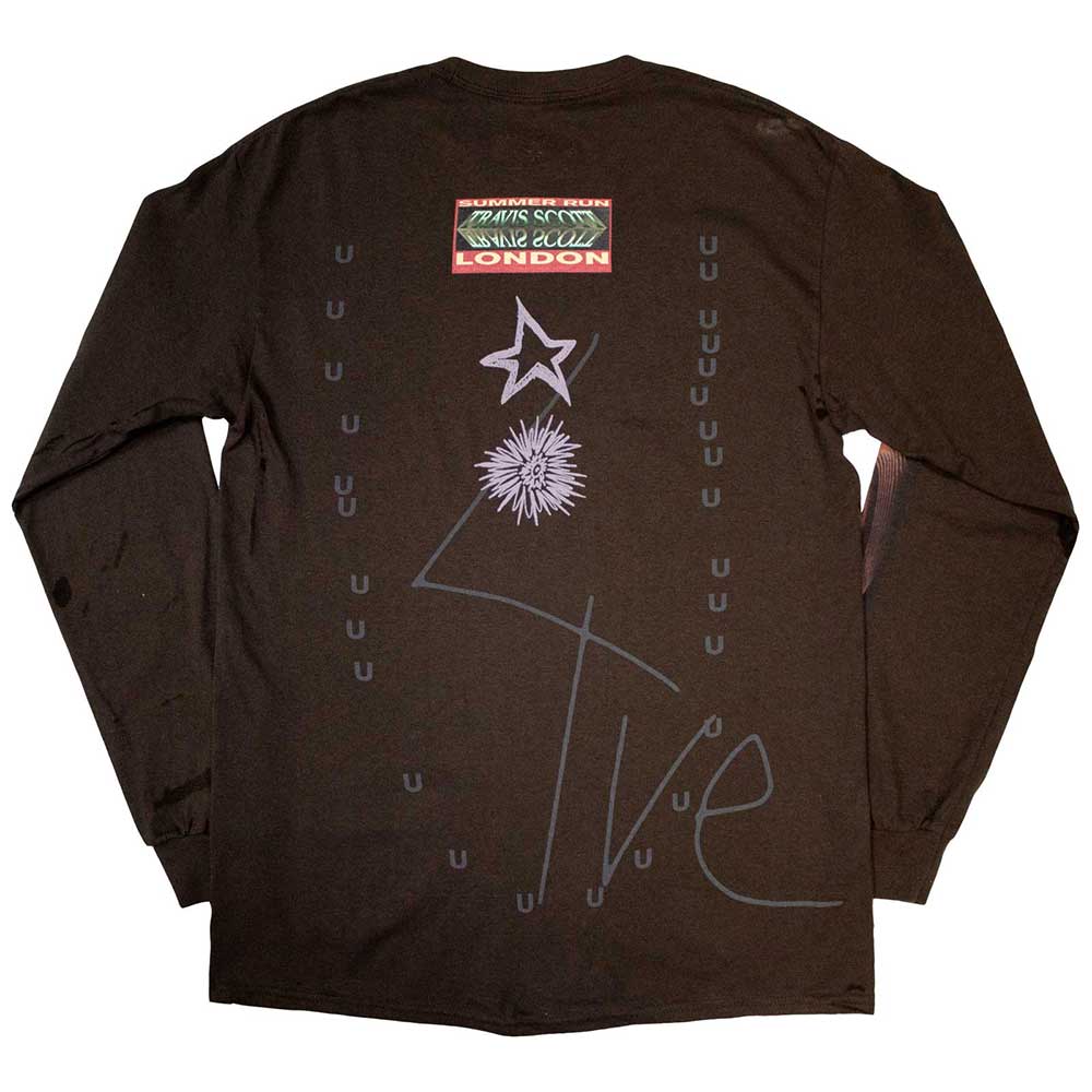 Travis Scott Unisex Long Sleeve T-Shirt: Summer Run 2023 London (Brown) (Back Print & Ex-Tour)