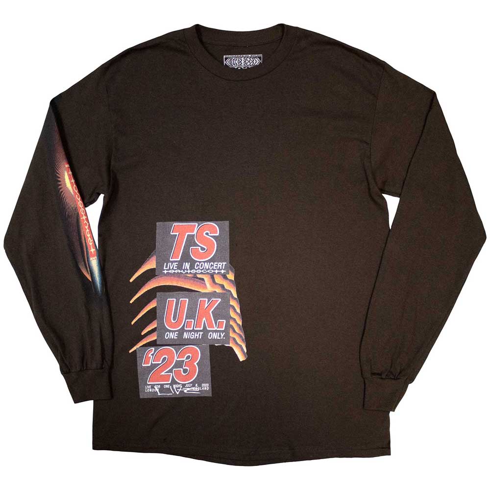 Travis Scott Unisex Long Sleeve T-Shirt: Summer Run 2023 London (Brown) (Back Print & Ex-Tour)