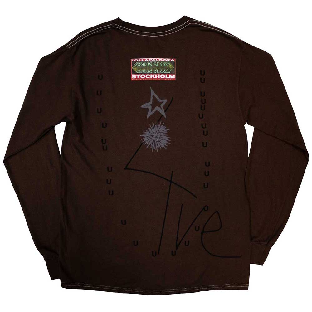 Travis Scott Unisex Long Sleeve T-Shirt: Summer Run 2023 Stockholm (Brown) (Back Print & Ex-Tour)