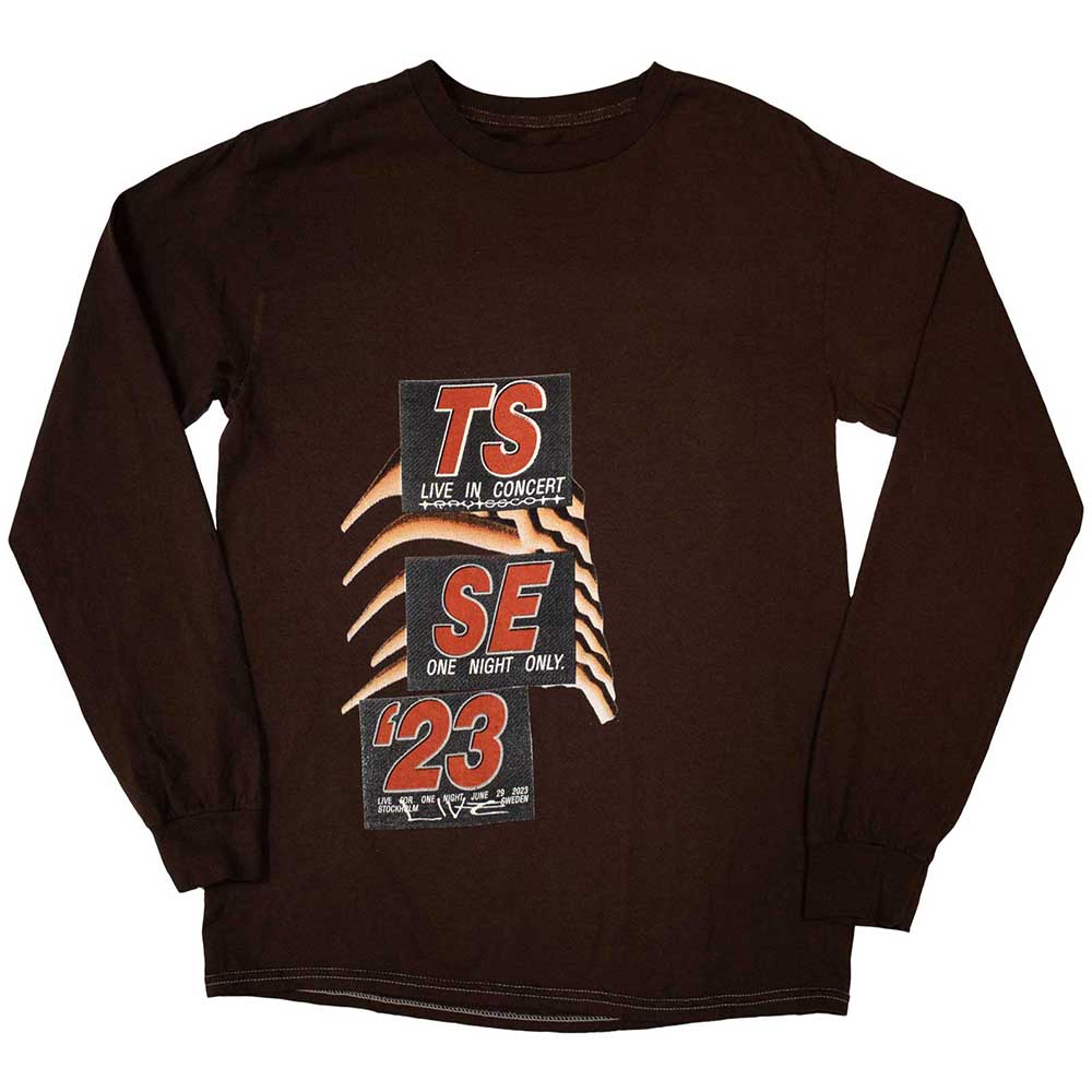 Travis Scott Unisex Long Sleeve T-Shirt: Summer Run 2023 Stockholm (Brown) (Back Print & Ex-Tour)