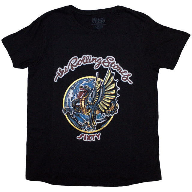 The Rolling Stones: Sixty Dragon Globe Foiled Print Ladies T-Shirt (Black) (Embellished)
