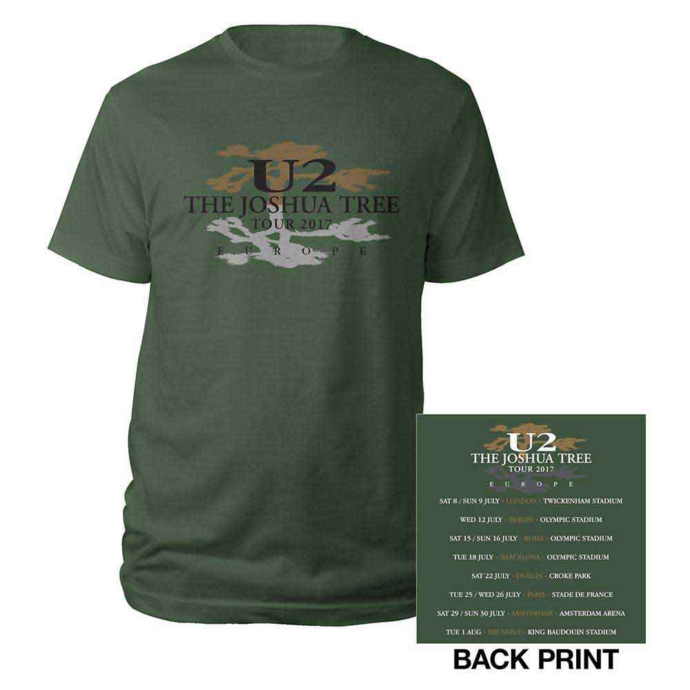 U2 Unisex T-Shirt: Joshua Tree Logo 2017 (Green) (Back Print & Ex-Tour)