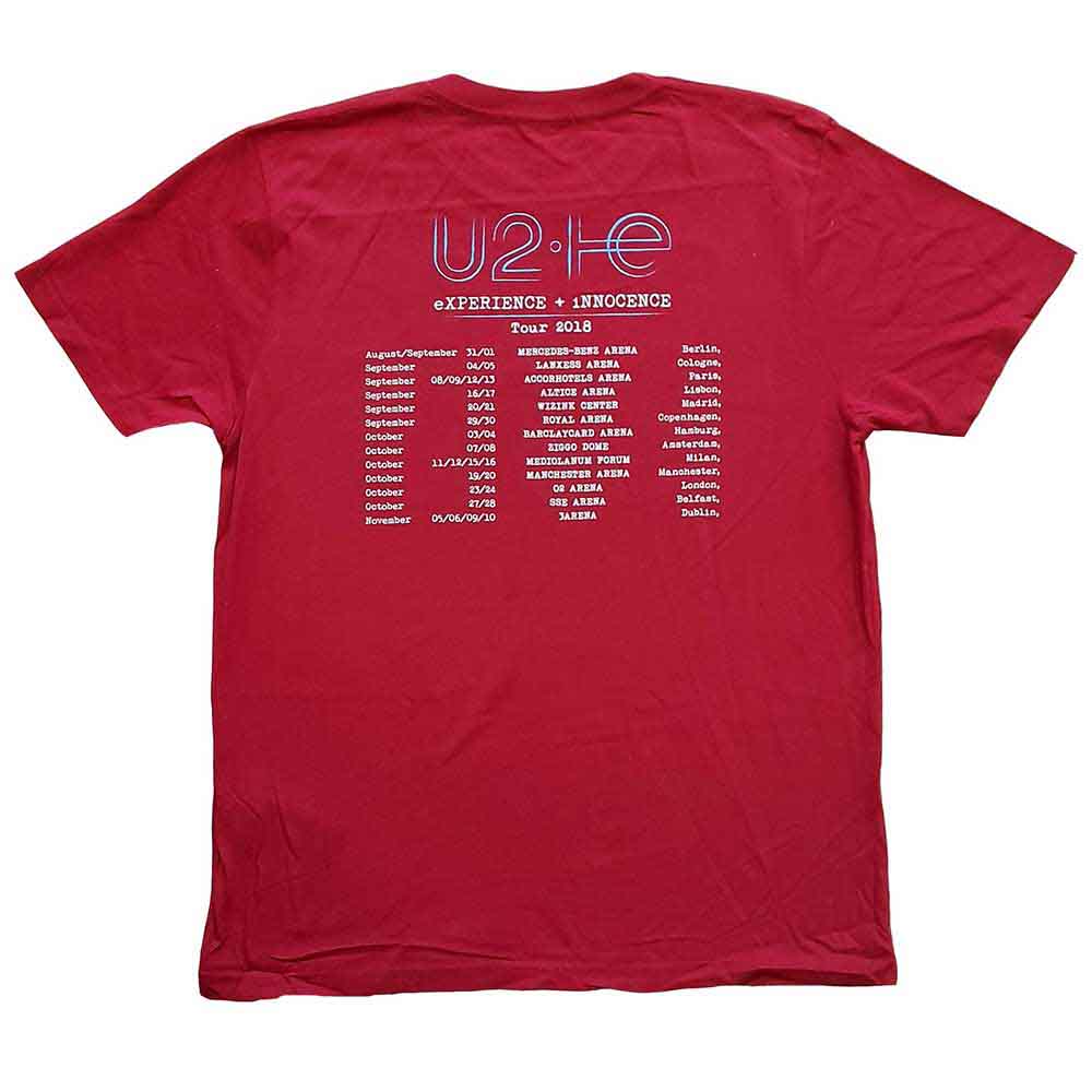 U2 Unisex T-Shirt: I+E 2018 Tour Dates (Maroon Red) (Back Print & Ex-Tour)