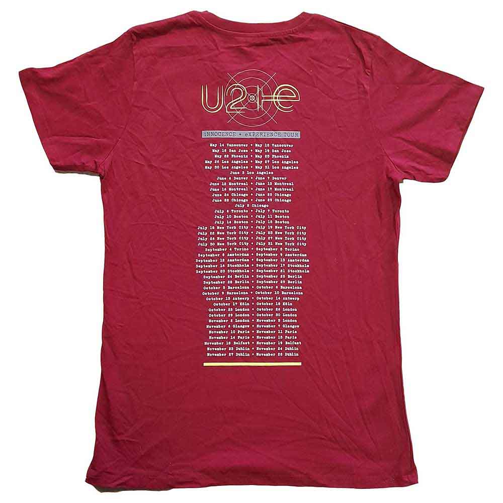 U2 Unisex T-Shirt: I+E 2015 Tour Dates (Maroon Red) (Back Print & Ex-Tour)