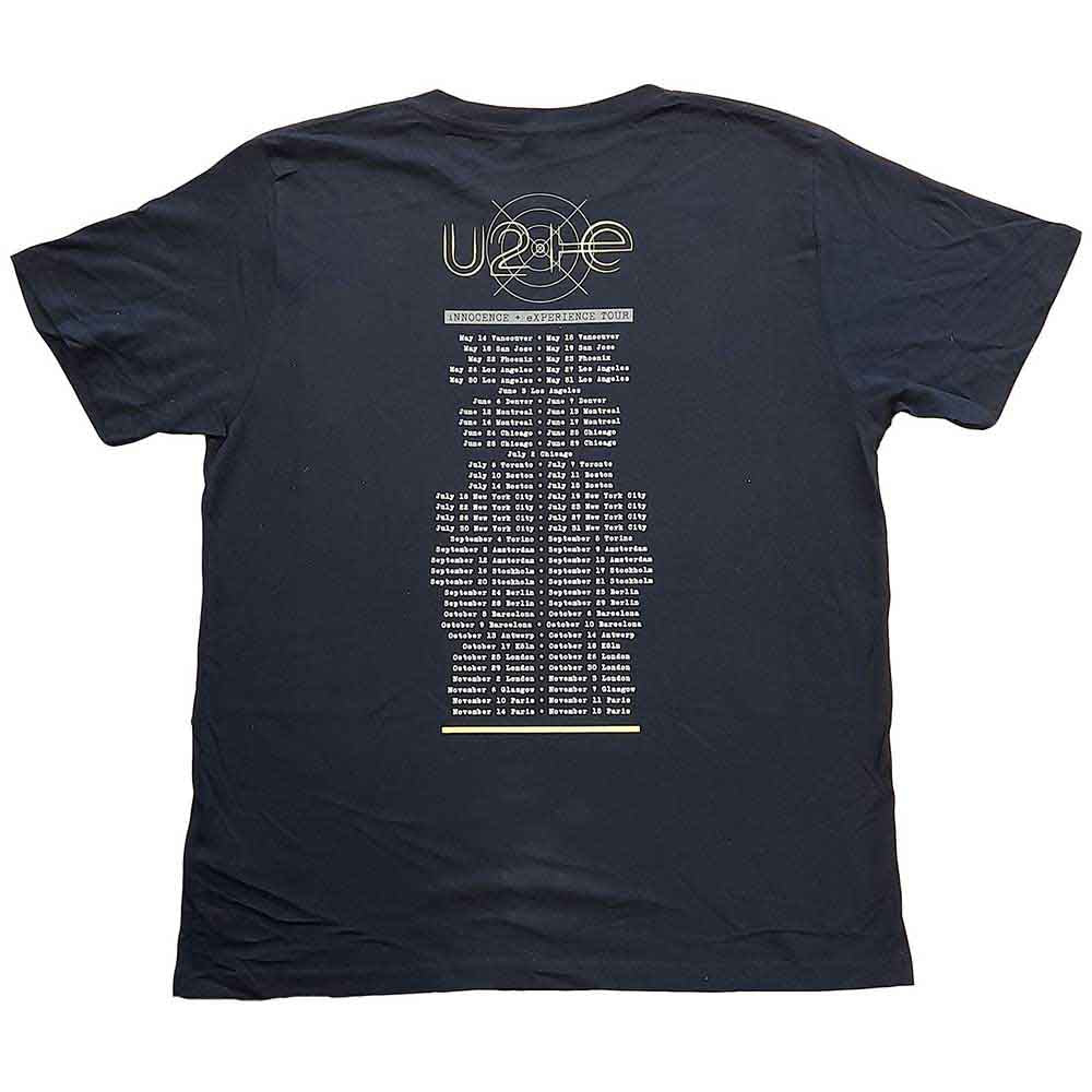 U2 Unisex T-Shirt: I+E 2015 Tour Dates (Navy Blue) (Back Print & Ex-Tour)