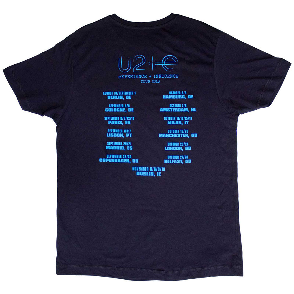 U2 Unisex T-Shirt: Logo E+I 2018 Tour Dates (Navy Blue) (Back Print & Ex-Tour)