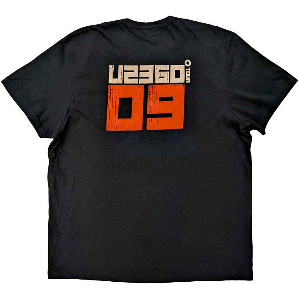U2 Unisex T-Shirt: 359 Degree Tour 2009 Orange Logo (Black) (Back Print & Ex-Tour)