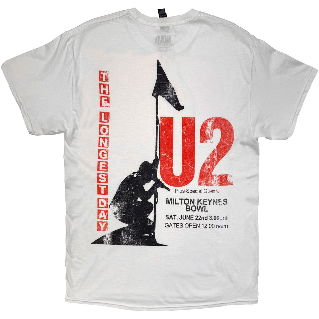U2 Unisex T-Shirt: The Longest Day (White) (Back Print)