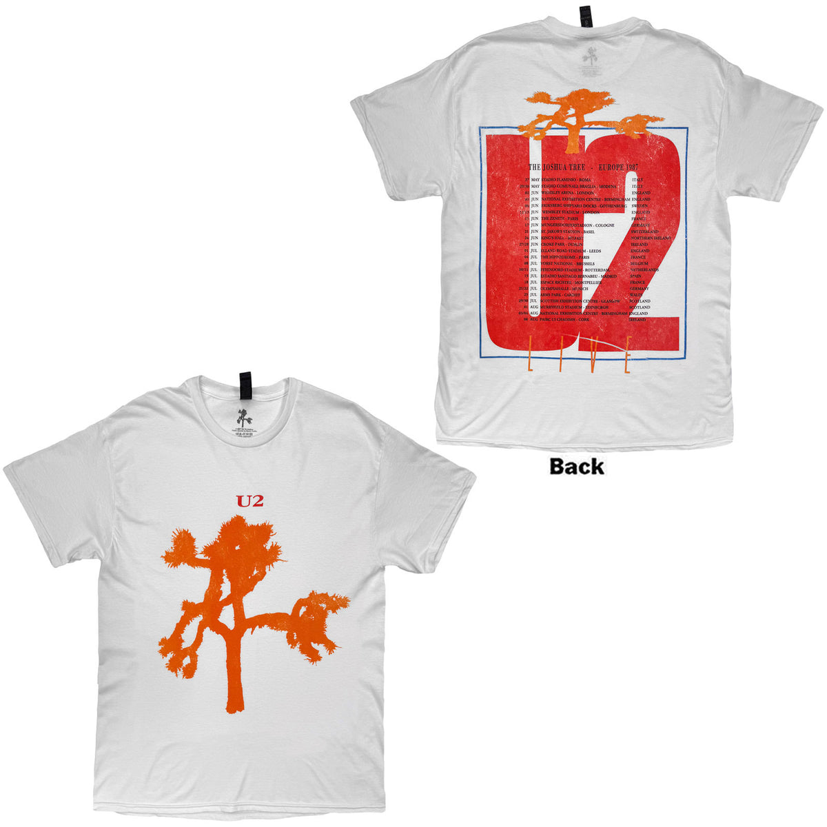 U2 Unisex T-Shirt: Joshua Tree European Tour '87 (White) (Back Print)