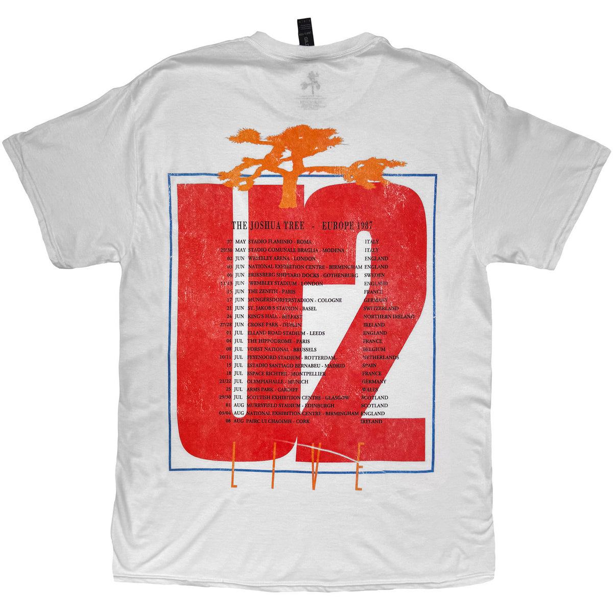 U2 Unisex T-Shirt: Joshua Tree European Tour '87 (White) (Back Print)