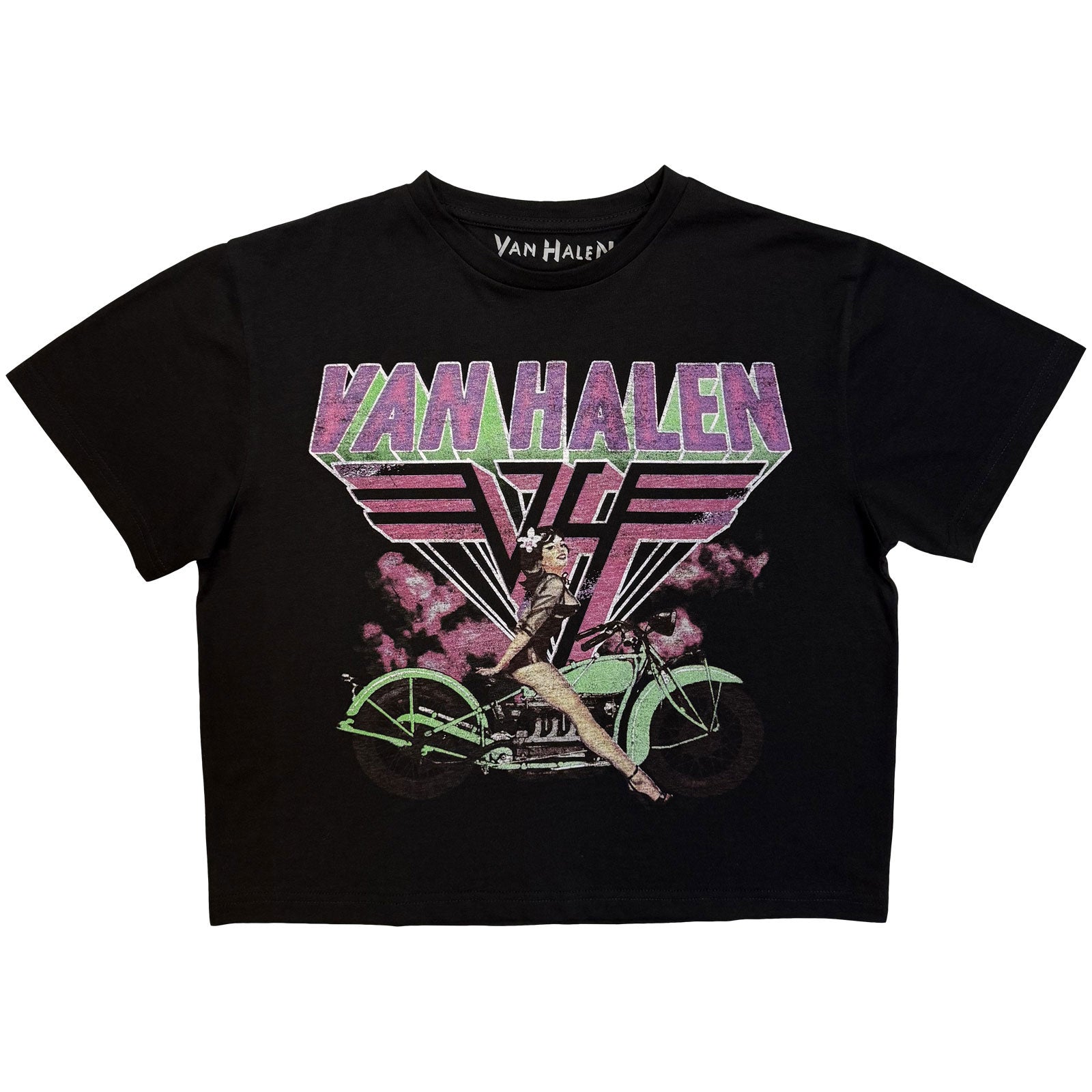 Van Halen Ladies Crop Top: Neon Retro Pin Up Rider (Black)