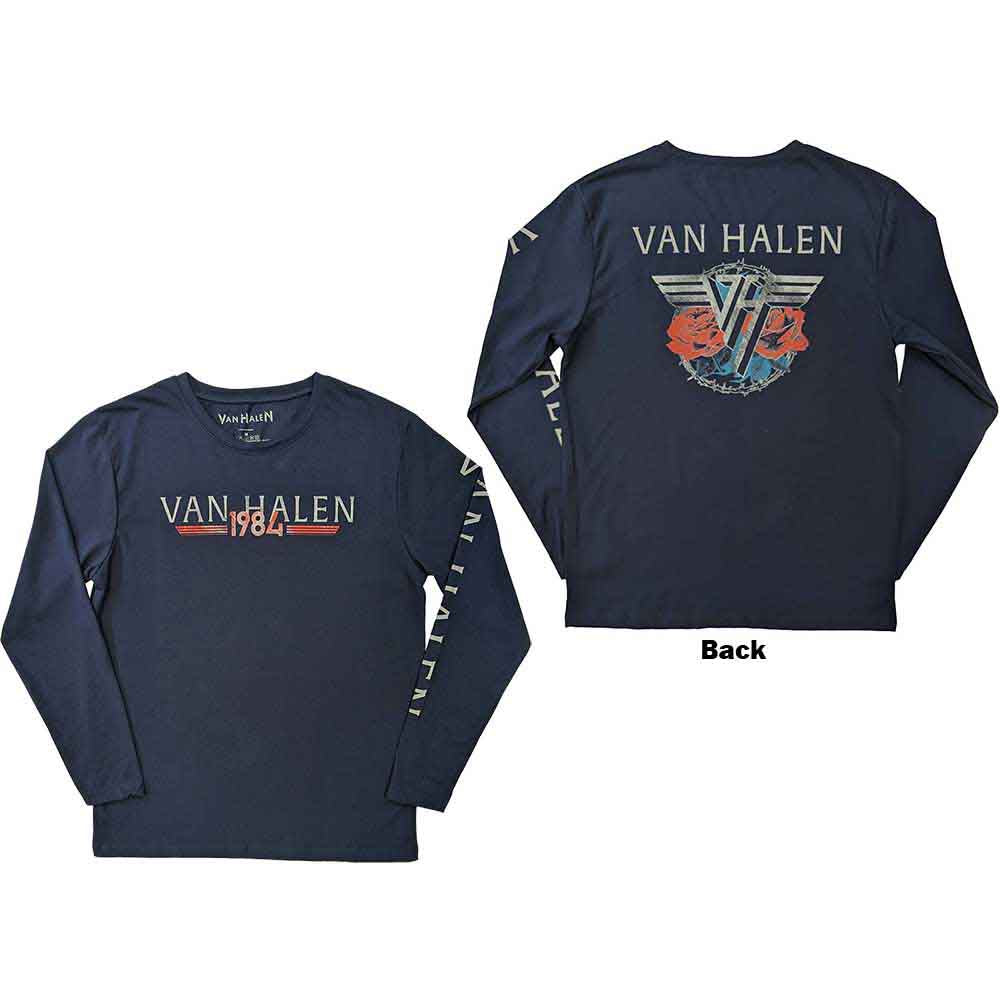 Van Halen Unisex Long Sleeve T-Shirt: 84 Tour (Navy Blue) (Back & Sleeve Print)