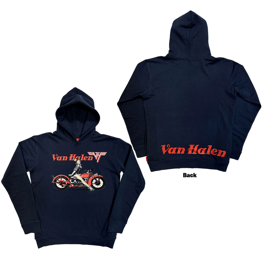 Van Halen Unisex Unplugged Pullover Hoodie: Pinup Motorcycle (Navy Blue) (Back Print)