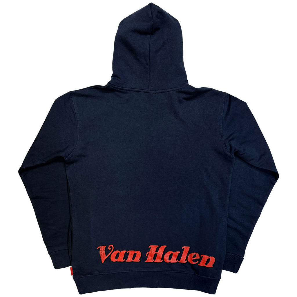 Van Halen Unisex Unplugged Pullover Hoodie: Pinup Motorcycle (Navy Blue) (Back Print)